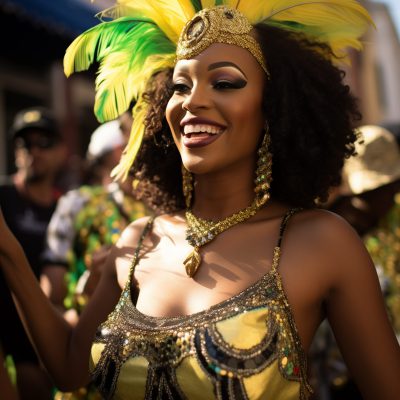 a candid photo of a tall strong curvaceous African American woman in new orleans during Mardis Gras --ar 3:4 --stylize 50 --v 5.2 Job ID: 98b0143d-66a3-400e-baf0-cf9879ec2876